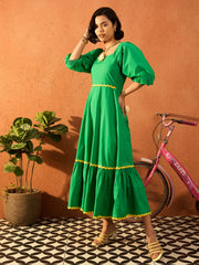 Women Green Ric Rac Lace Square Neck Maxi Dress-SFDRSS13087