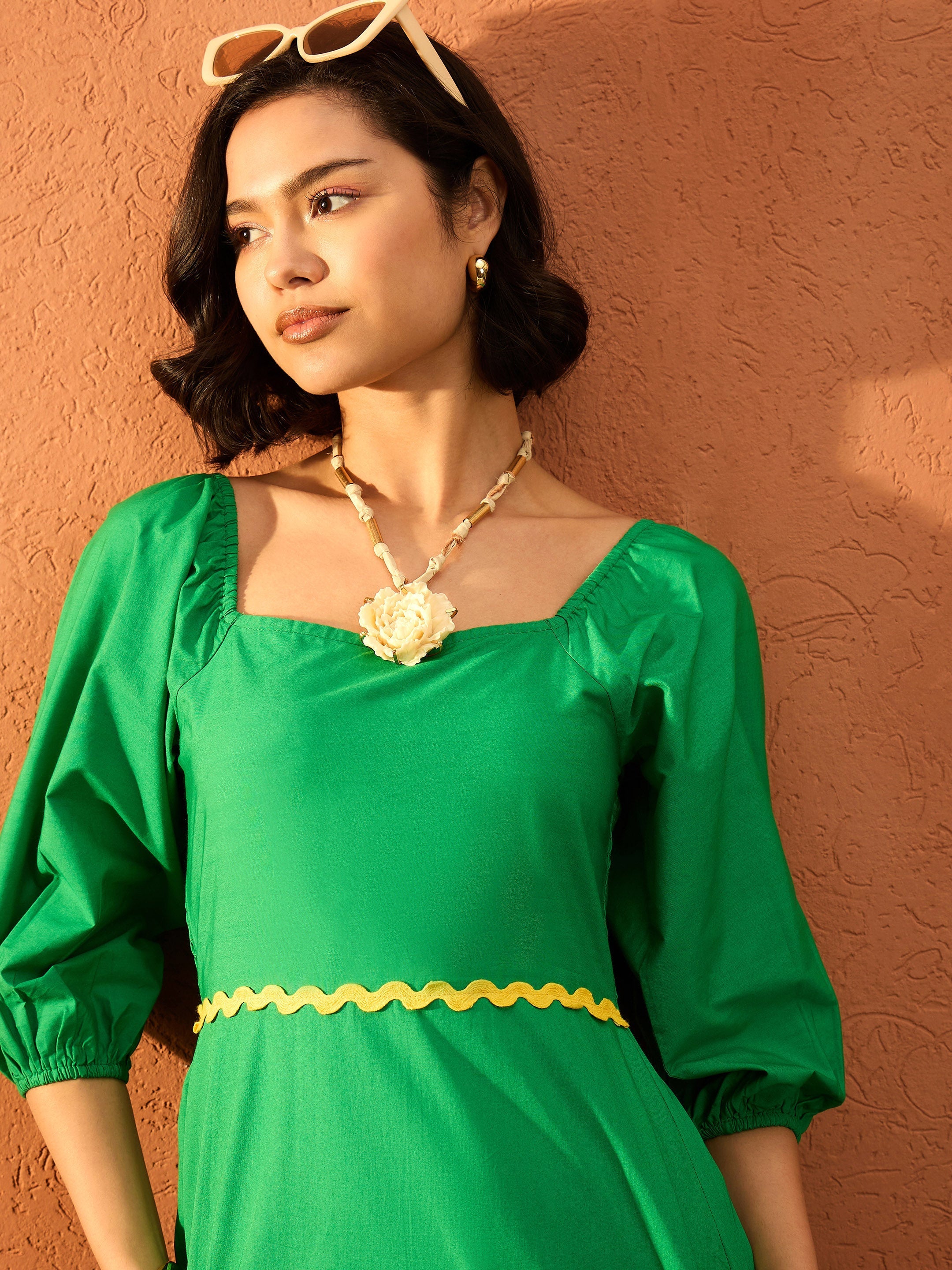 Women Green Ric Rac Lace Square Neck Maxi Dress-SFDRSS13087