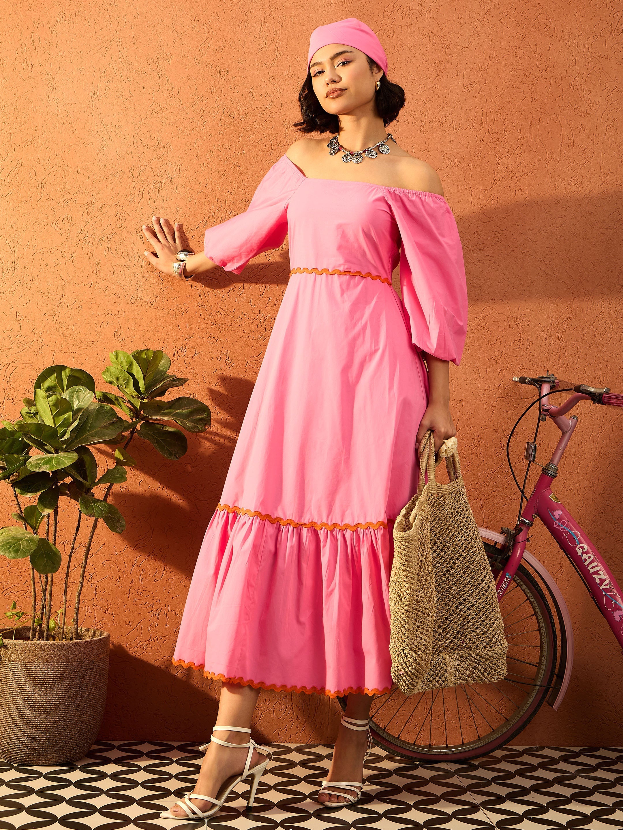 Women Pink Ric Rac Lace Square Neck Maxi Dress-SFDRSS13088