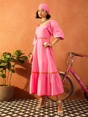 Women Pink Ric Rac Lace Square Neck Maxi Dress-SFDRSS13088