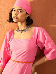 Women Pink Ric Rac Lace Square Neck Maxi Dress-SFDRSS13088