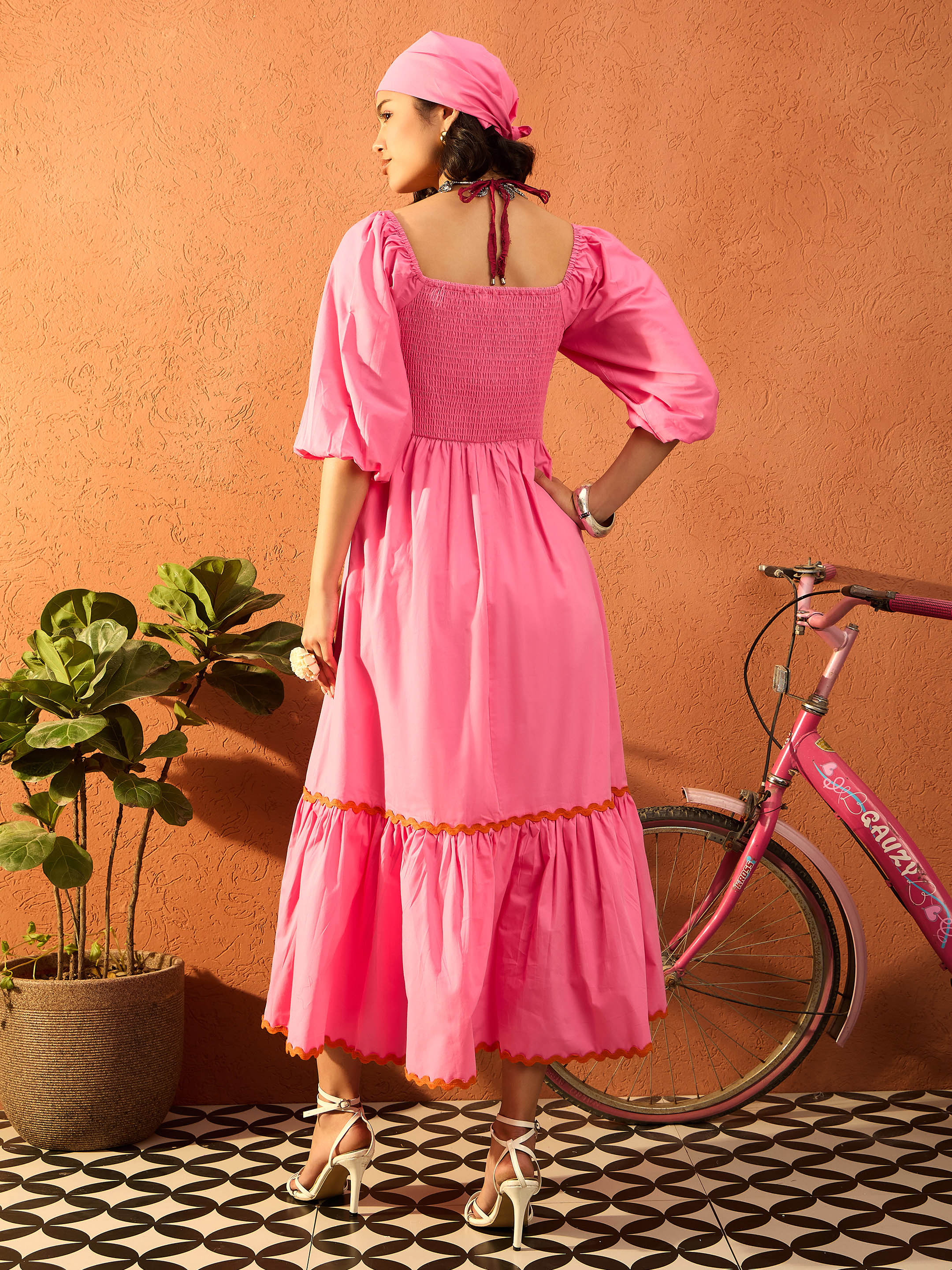 Women Pink Ric Rac Lace Square Neck Maxi Dress-SFDRSS13088