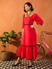 Women Red Ric Rac Lace Square Neck Maxi Dress-SFDRSS13089