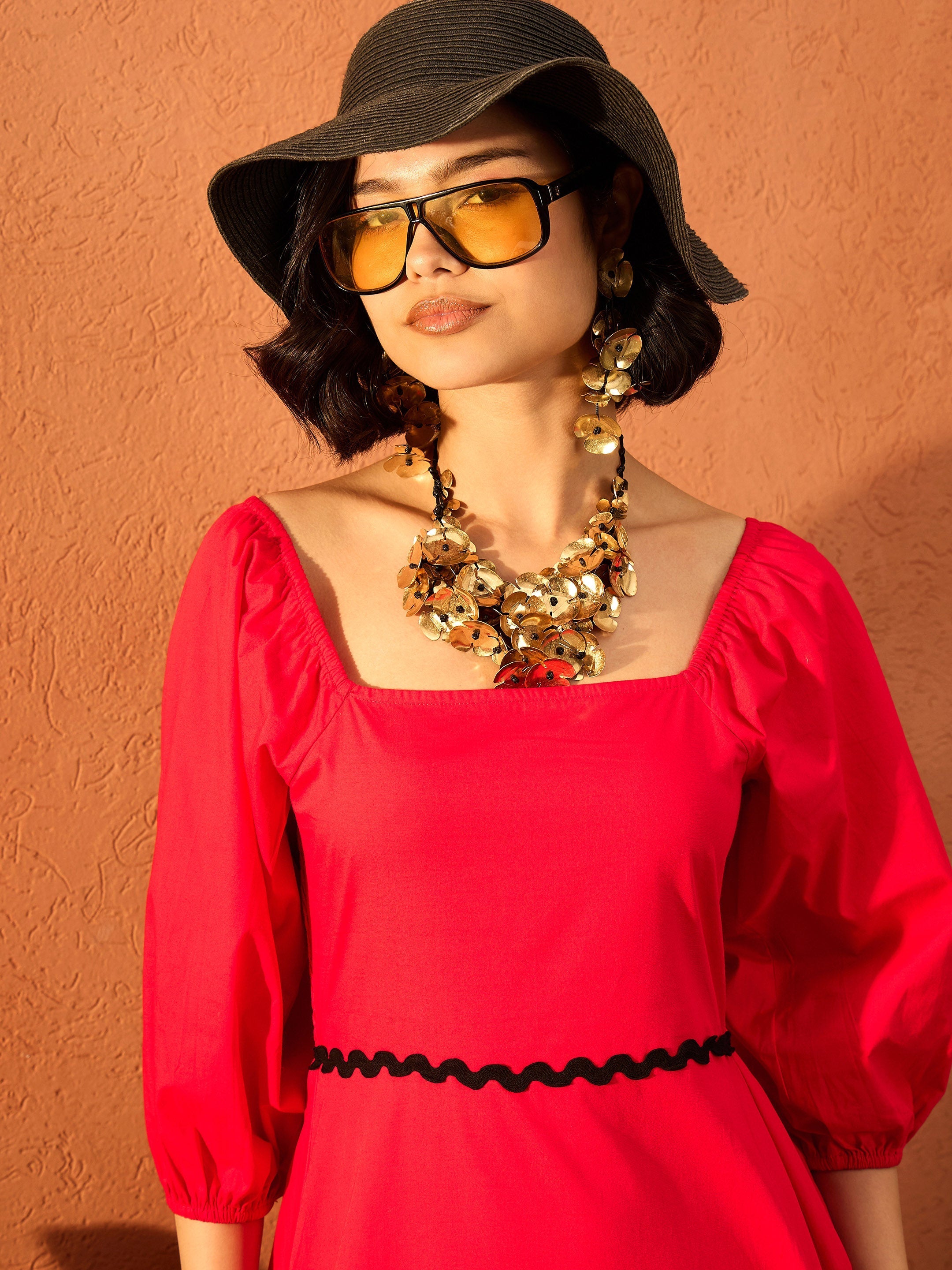Women Red Ric Rac Lace Square Neck Maxi Dress-SFDRSS13089