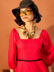Women Red Ric Rac Lace Square Neck Maxi Dress-SFDRSS13089