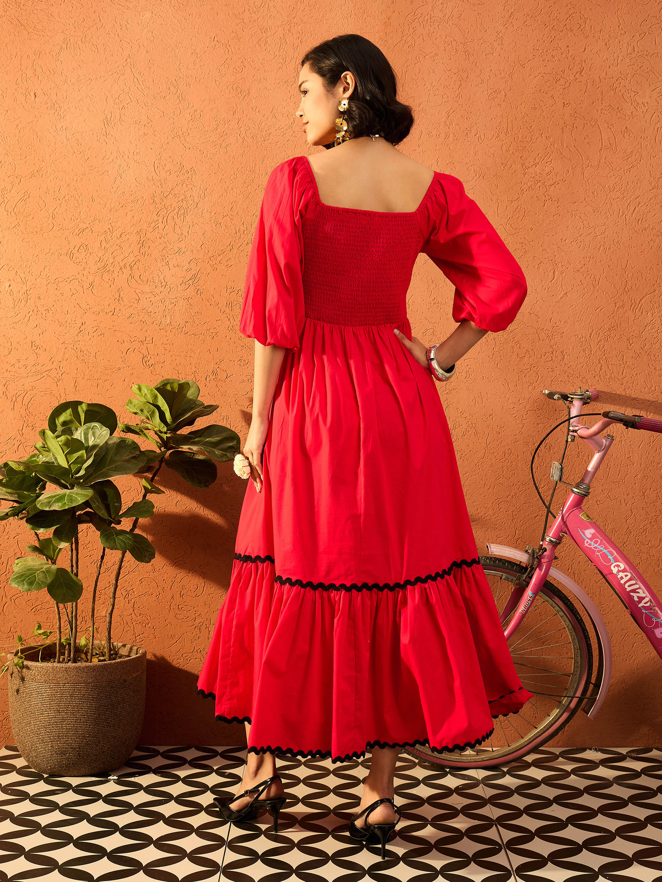 Women Red Ric Rac Lace Square Neck Maxi Dress-SFDRSS13089