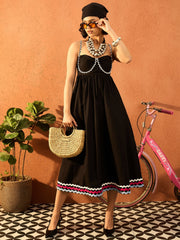 Women Black Ric Rac Lace Strappy Midi Dress-SFDRSS13090