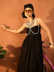 Women Black Ric Rac Lace Strappy Midi Dress-SFDRSS13090