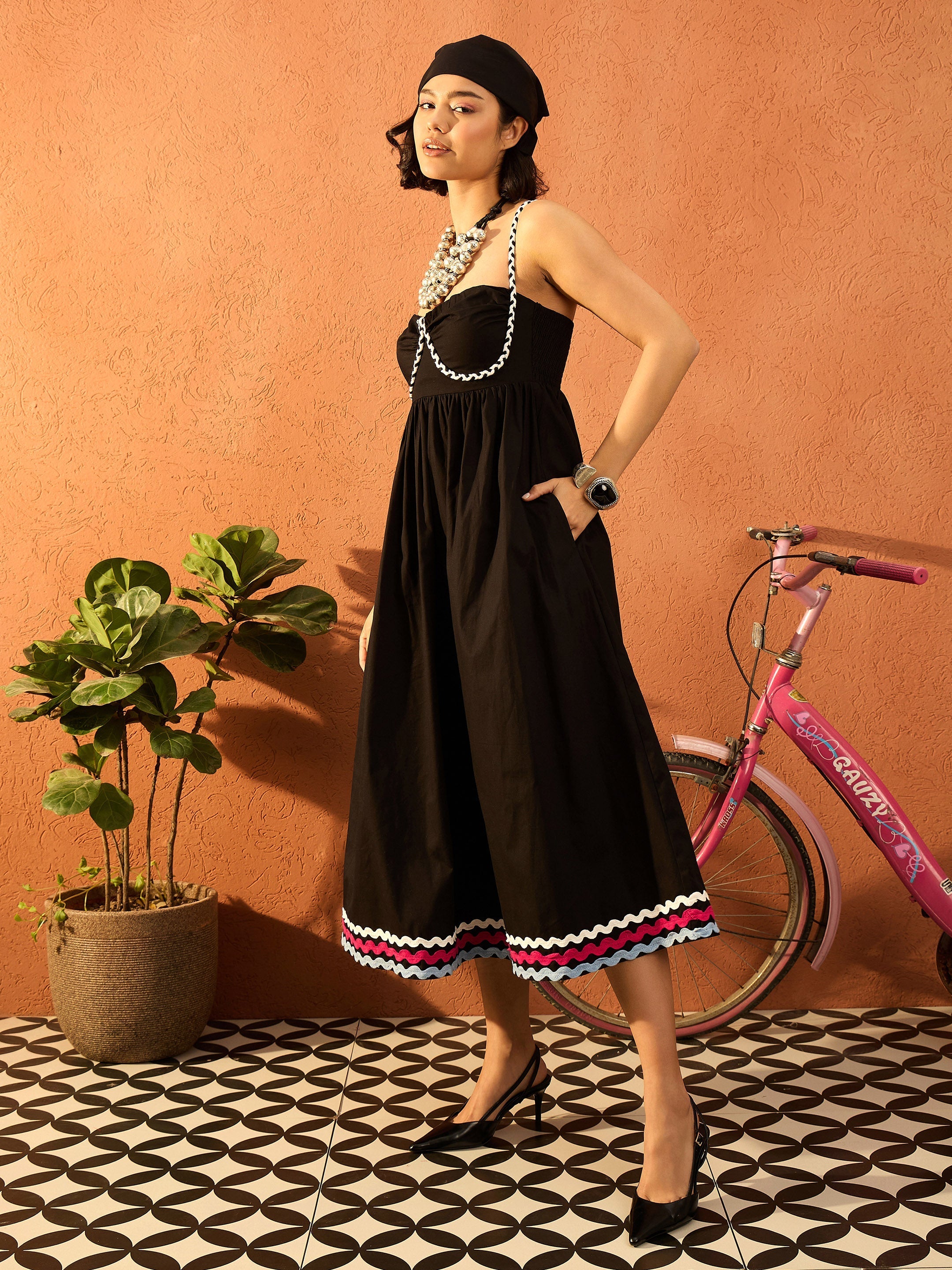 Women Black Ric Rac Lace Strappy Midi Dress-SFDRSS13090