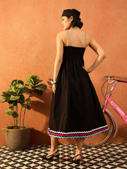 Women Black Ric Rac Lace Strappy Midi Dress-SFDRSS13090