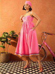 Women Pink Ric Rac Lace Strappy Midi Dress-SFDRSS13091
