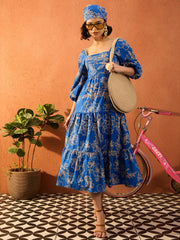 Women Blue & Off White Floral Back Tie Knot Midi Dress-SFDRSS13092