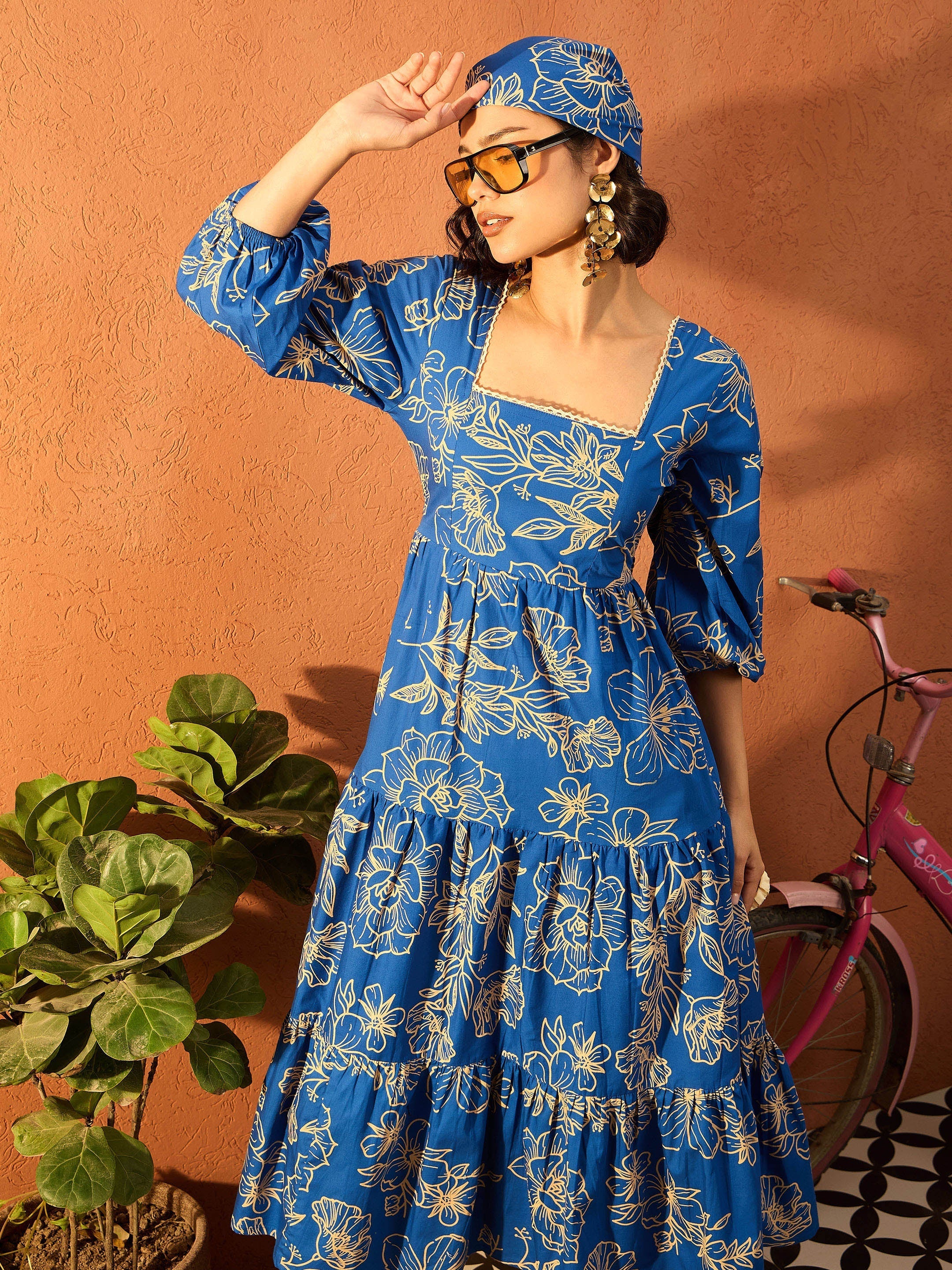 Women Blue & Off White Floral Back Tie Knot Midi Dress-SFDRSS13092