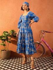 Women Blue & Off White Floral Back Tie Knot Midi Dress-SFDRSS13092