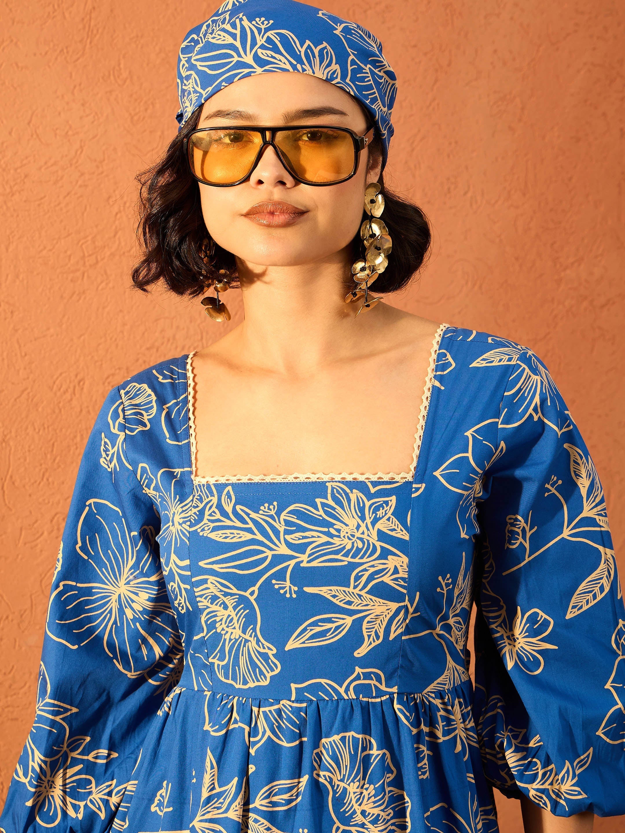 Women Blue & Off White Floral Back Tie Knot Midi Dress-SFDRSS13092