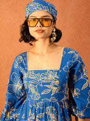 Women Blue & Off White Floral Back Tie Knot Midi Dress-SFDRSS13092