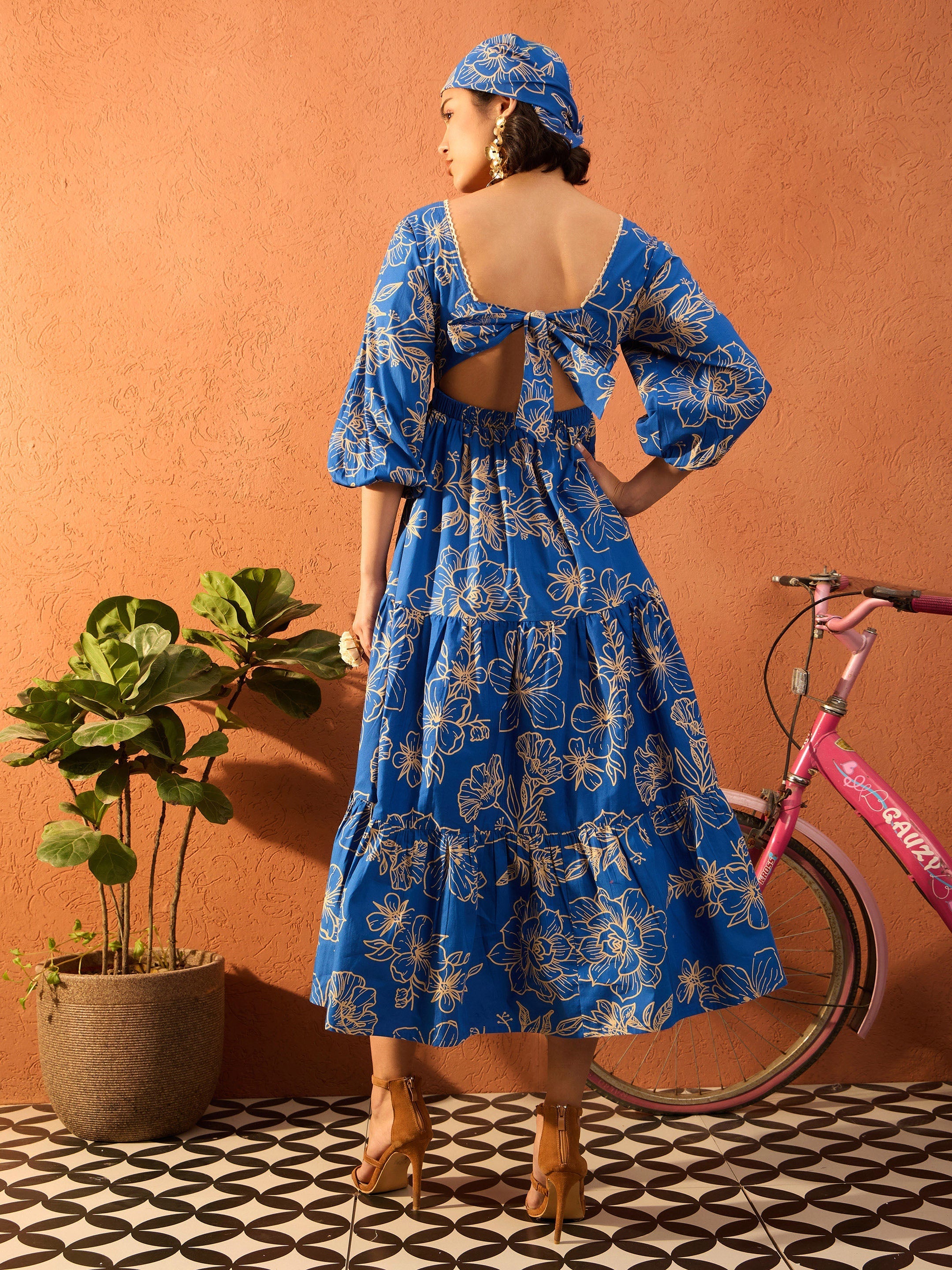 Women Blue & Off White Floral Back Tie Knot Midi Dress-SFDRSS13092