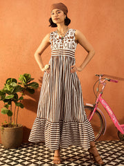 Women Brown & White Stripes Back-Tie Dori Cut-out Tiered Maxi-SFDRSS13097