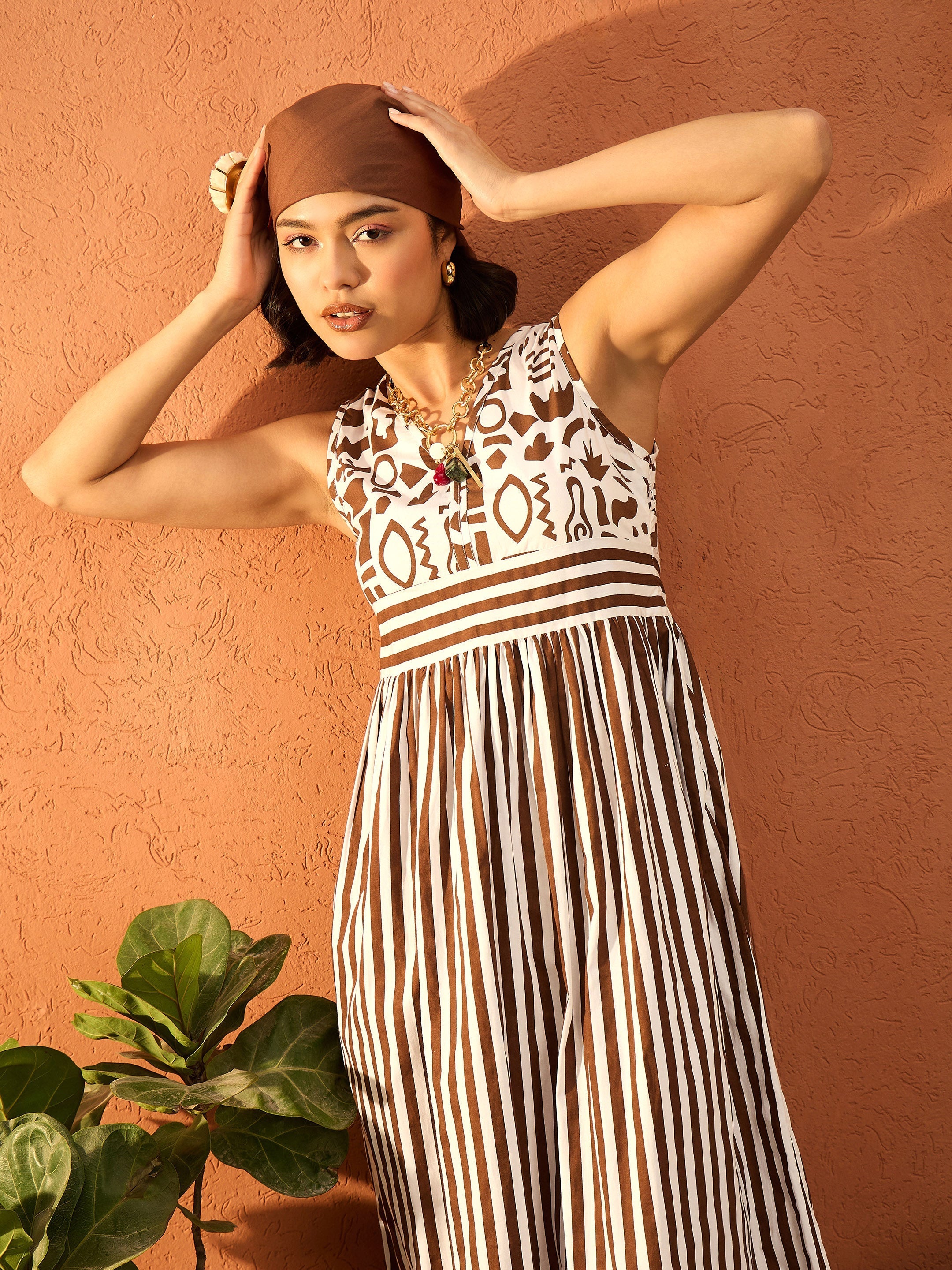 Women Brown & White Stripes Back-Tie Dori Cut-out Tiered Maxi-SFDRSS13097