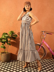 Women Brown & White Stripes Back-Tie Dori Cut-out Tiered Maxi-SFDRSS13097