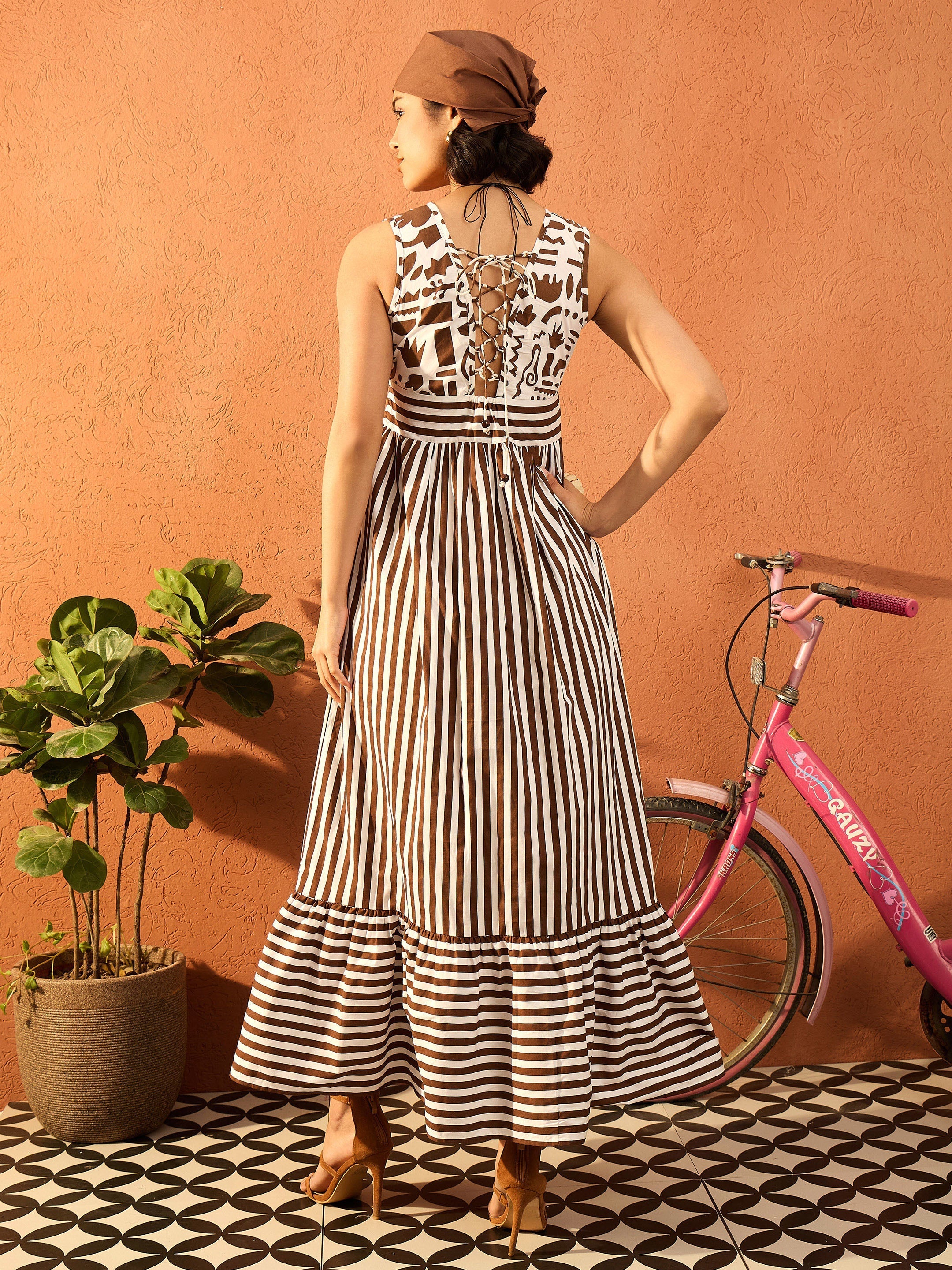 Women Brown & White Stripes Back-Tie Dori Cut-out Tiered Maxi-SFDRSS13097
