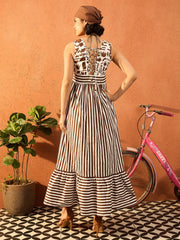 Women Brown & White Stripes Back-Tie Dori Cut-out Tiered Maxi-SFDRSS13097