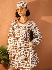 Women Brown & White Quirky Print Back Tie Knot Short Dress-SFDRSS13098