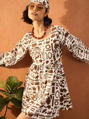 Women Brown & White Quirky Print Back Tie Knot Short Dress-SFDRSS13098