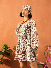 Women Brown & White Quirky Print Back Tie Knot Short Dress-SFDRSS13098