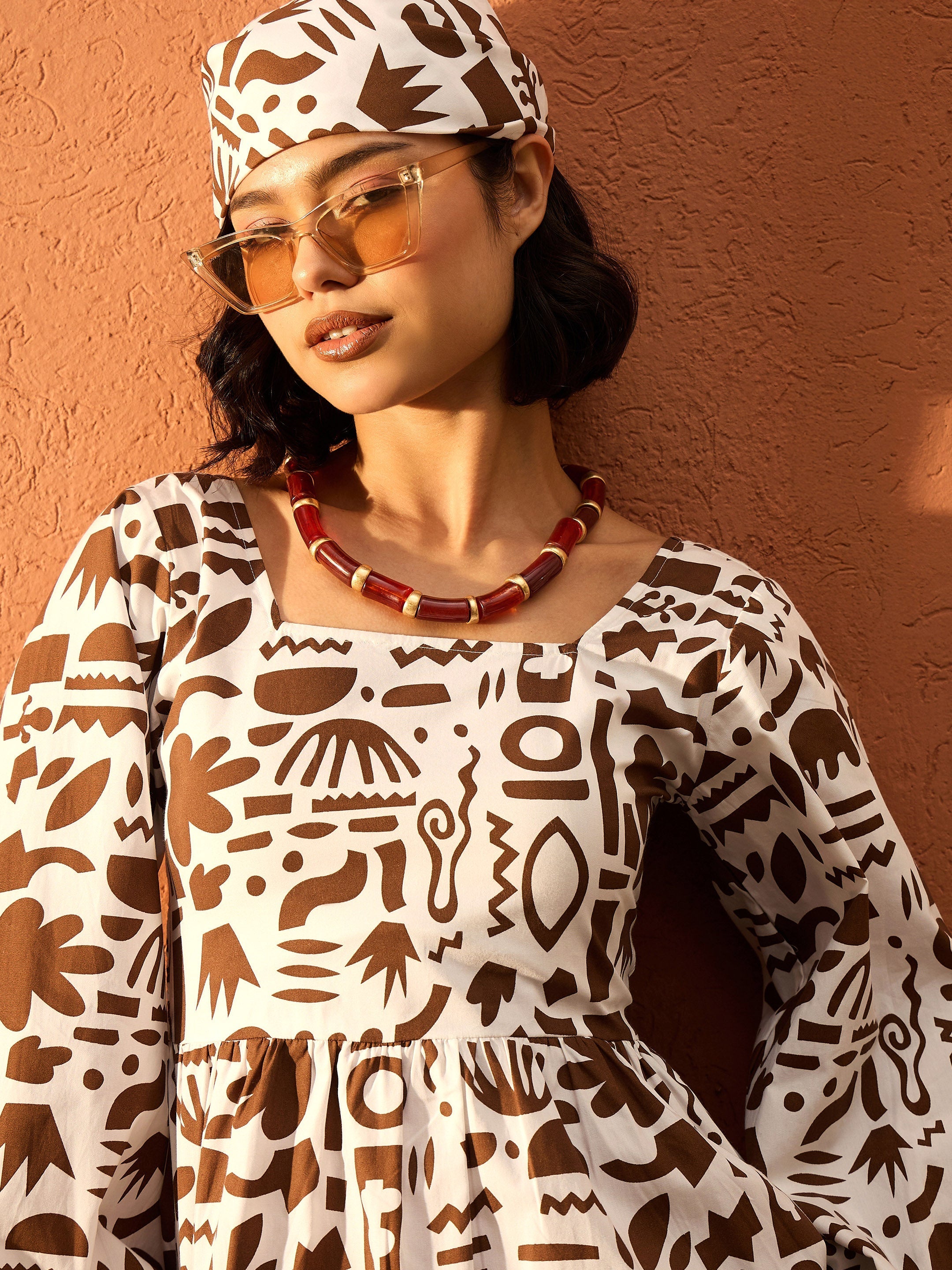 Women Brown & White Quirky Print Back Tie Knot Short Dress-SFDRSS13098