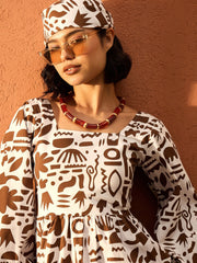 Women Brown & White Quirky Print Back Tie Knot Short Dress-SFDRSS13098