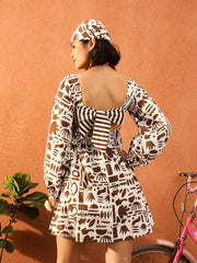 Women Brown & White Quirky Print Back Tie Knot Short Dress-SFDRSS13098