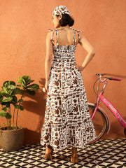 Women Brown & White Quirky Print Strappy Tie-up Maxi Dress-SFDRSS13099