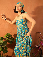 Women Blue & Yellow Ikat Print Strappy Tie-up Maxi Dress-SFDRSS13102