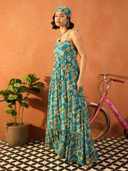 Women Blue & Yellow Ikat Print Strappy Tie-up Maxi Dress-SFDRSS13102