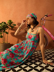 Women Blue & Pink Floral Strappy Tie-up Maxi Dress-SFDRSS13103