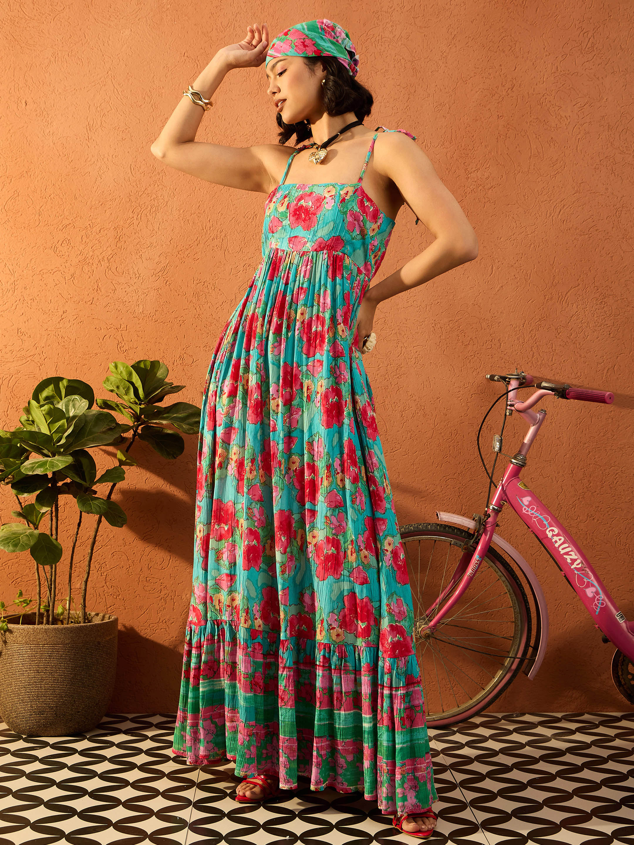 Women Blue & Pink Floral Strappy Tie-up Maxi Dress-SFDRSS13103