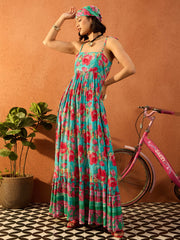 Women Blue & Pink Floral Strappy Tie-up Maxi Dress-SFDRSS13103