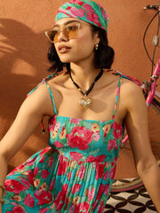 Women Blue & Pink Floral Strappy Tie-up Maxi Dress-SFDRSS13103