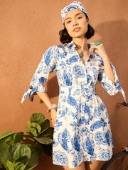 Women Blue & White Floral Front Button Belted Short Dress-SFDRSS13105