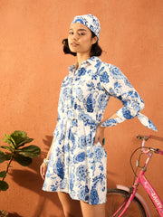 Women Blue & White Floral Front Button Belted Short Dress-SFDRSS13105