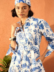 Women Blue & White Floral Front Button Belted Short Dress-SFDRSS13105