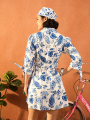 Women Blue & White Floral Front Button Belted Short Dress-SFDRSS13105
