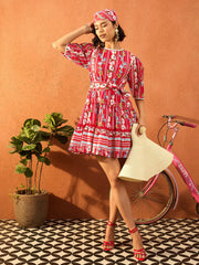 Women Red Floral Round Neck Short Tired Dress-SFDRSS13106