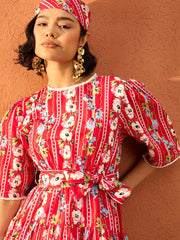 Women Red Floral Round Neck Short Tired Dress-SFDRSS13106