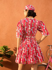 Women Red Floral Round Neck Short Tired Dress-SFDRSS13106