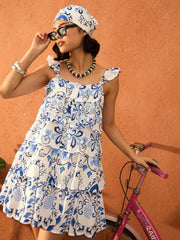 Women Blue & White Floral Strappy Tired Frill Short Dress-SFDRSS13107