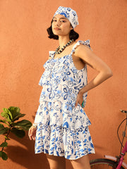 Women Blue & White Floral Strappy Tired Frill Short Dress-SFDRSS13107