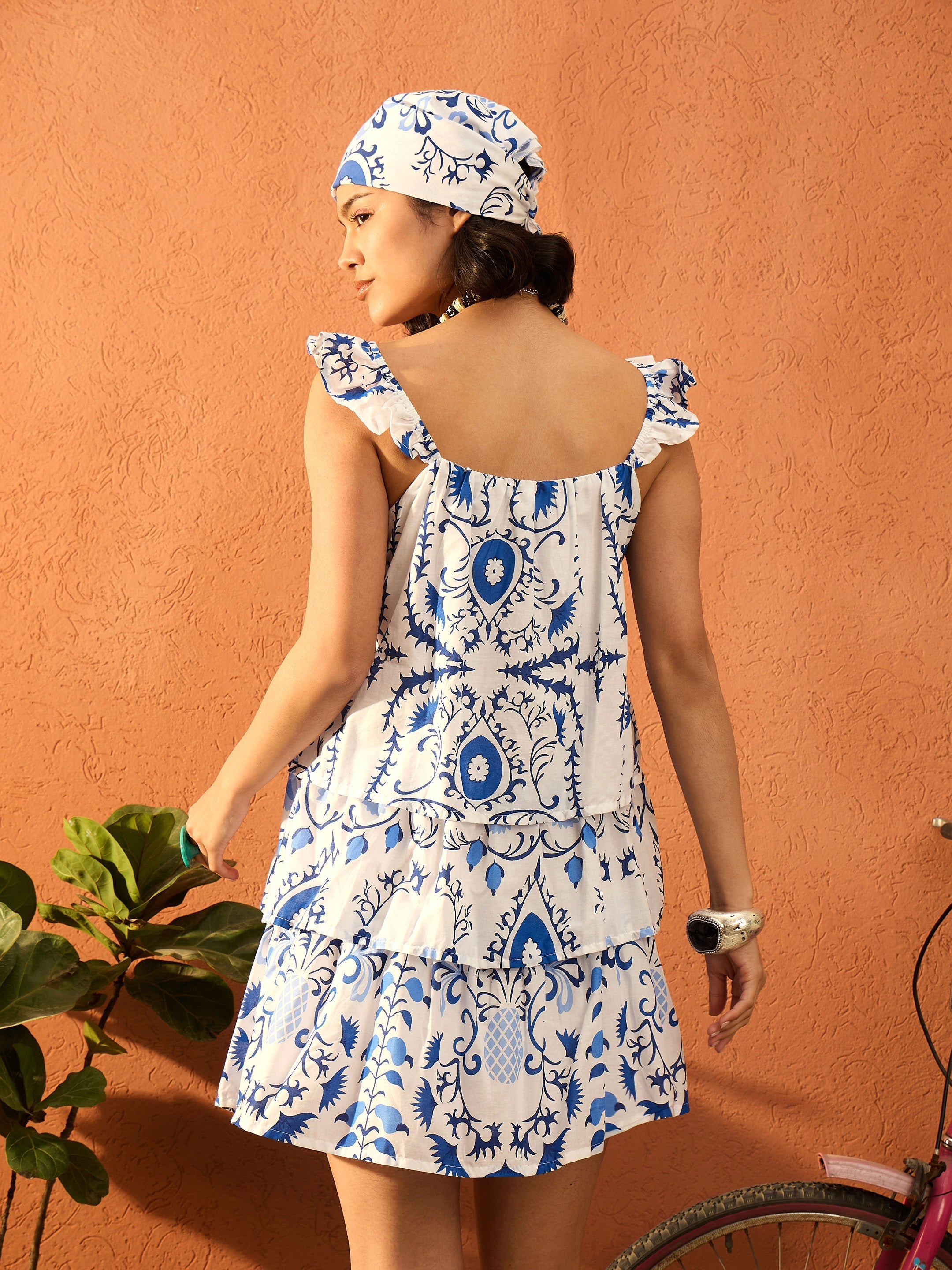 Women Blue & White Floral Strappy Tired Frill Short Dress-SFDRSS13107