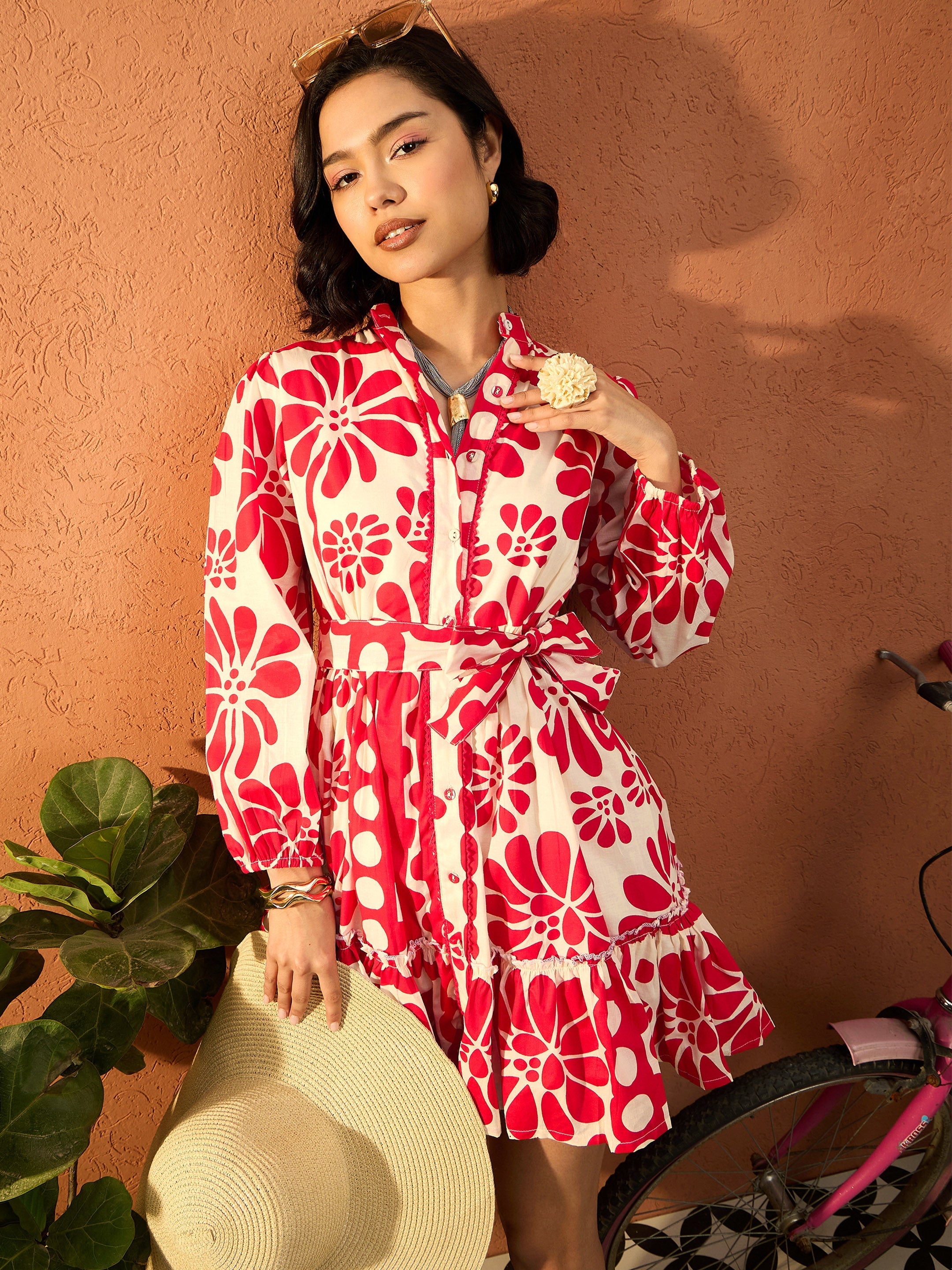Women Red & Beige Floral Front Button Short Dress-SFDRSS13108